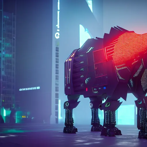 Prompt: cybernatic bison, cybernatic, cyberpunk, bright led lights, 3 d render, unreal engine 5, by beeple, dizzy viper, marischa becker, octane render, high quality, very detailed