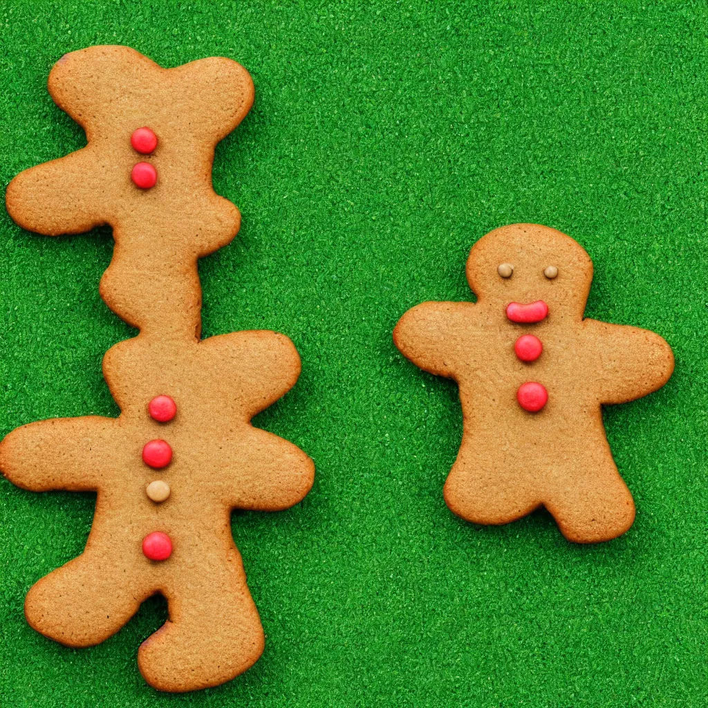 Prompt: top-down view of a cute gingerbread man on top of a green surface, 8k, high detail, photorealistic, proper shading