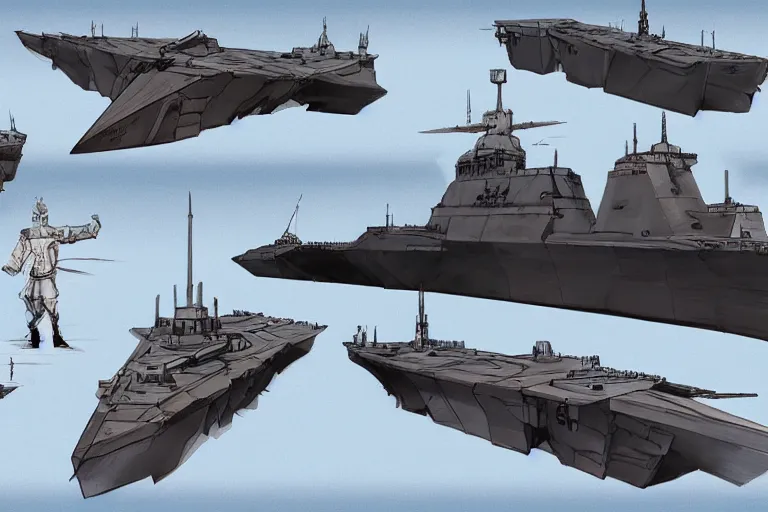 Image similar to Concept art of an angular stealth Bismarck battleship