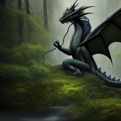 Image similar to peaceful dragon in a beautiful, misty forest, leaning over a steep hill, elongating its neck to sip water from the flowing, turbulent river, trending on artstation, intricately defined, complexly detailed, robustly ordinated, 4 k quality, digital art