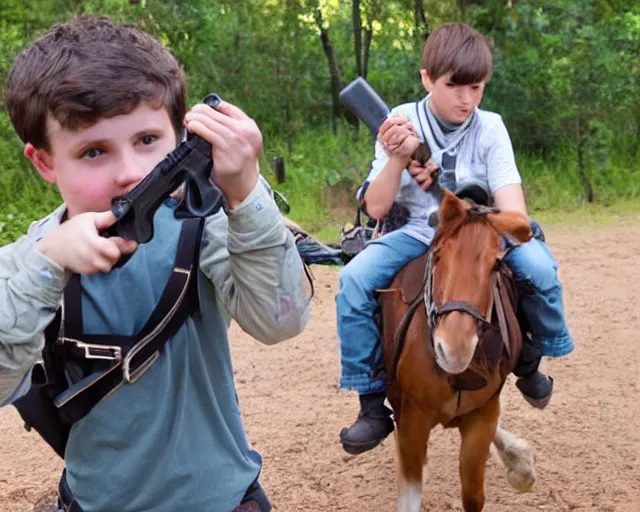 Image similar to girly! boy with dark - brown hair, the boy is on horse, the boy is holding backpack and gun, realistic photo