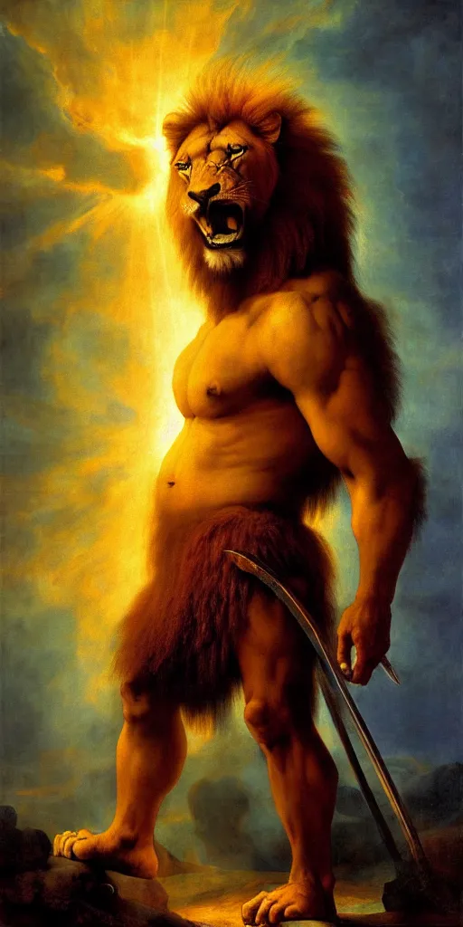 Prompt: oversized muscular lion barbarian hunter full human body in portrait pose and strong shiny backlight of sun rays , red planet explosion in cyan background , very textured detailed oil painting by rembrandt , hard backlight , in dark cave