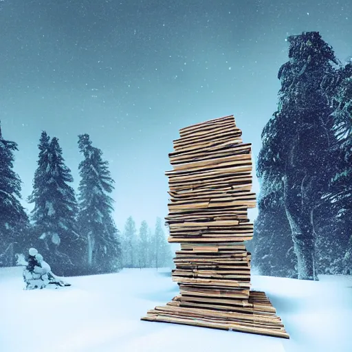 Image similar to large wooden blocks stacked ontop of each other in an arch, in the snow, an ambient occlusion render by Filip Hodas, Simon Stålenhag, digital art, cgsociety, environmental art, matte painting, ambient occlusion