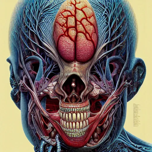 Prompt: nightmare etherreal iridescent vascular nerve bundles pearlescent spinal chord horror by naoto hattori, zdzislaw, norman rockwell, studio ghibli, anatomical cutaway