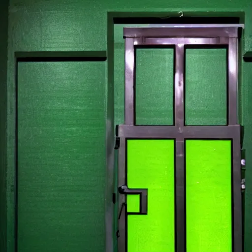 Prompt: a door with a hazardous green glow behind it. there is a sign above the door saying, caution do not enter