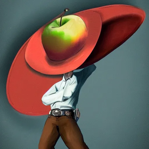 Image similar to a apple wearing a cowboy hat and shooting a revolver into the air. digital art. trending on artstation. amazing quality. great composition. perfect lighting. professional design. mind blowing detail. impressive colors. award winning art.