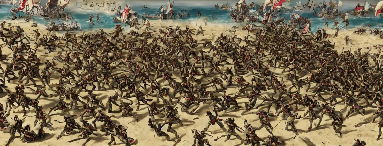 Prompt: An army of rebels and an army of warriors fight each other for supremacy, but with no side on the winning hand, this battle could go on for a long time. The dead of one side are spread around the beach and the faces of the fighters are hopeful with victory in mind and their muscles tense and anxious, they take on their enemies