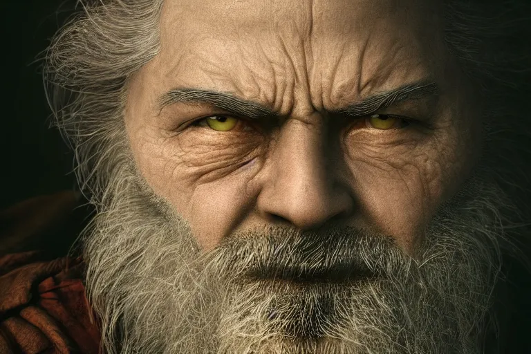 Image similar to an ultra realistic cinematic close up headshot portrait of an evil wizard, background of a vast serene landscape with trees and rivers, detailed, deep focus, movie still, dramatic lighting, ray tracing, by michal karcz and yoshitaka amano