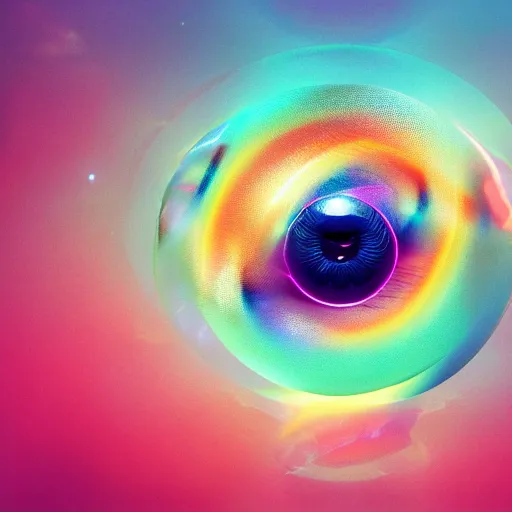 Image similar to still of rainbow orphanim encircled by rings, giant eyeball, mythological, 8 k, octane render, 3 5 mm, amazing details, beautiful composition