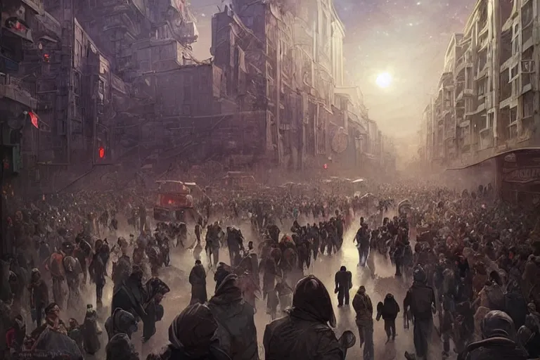 Prompt: crowded on the streets of Russian commie blocks on the Moon city, Norilsk, sci-fi, fantasy, earth seen on the dark sky, intricate, very very beautiful, elegant, highly detailed composition, digital rendering, artstation, concept art, smooth, sharp focus, illustration, art by artgerm and greg rutkowski and alphonse mucha