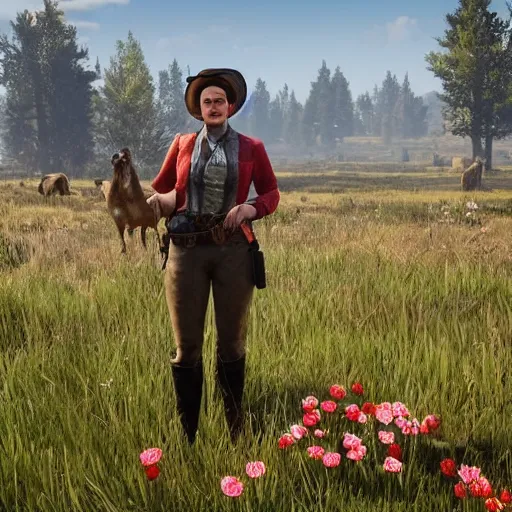 Prompt: harriet davenport from red dead online holding flowers with a lot of animals gathered around her green open grassy plains background slightly cloudy blue sky clear weather