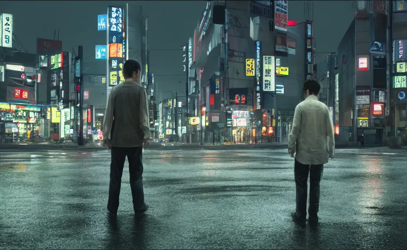 Prompt: a man standing in the middle of a tokyo street at night, a photorealistic painting by Gregory Crewdson, cgsociety, american scene painting, playstation 5 screenshot, matte painting, cryengine