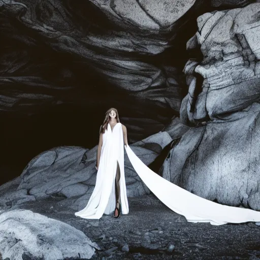 Image similar to photo, a woman in a giant flowing incredibly long dragging illuminated white dress, standing inside a dark western rocky scenic landscape, volumetric lighting