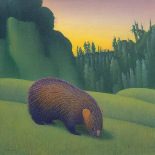 Prompt: oil painting by thomas hart benton of a highland beaver in a meadow at dawn.