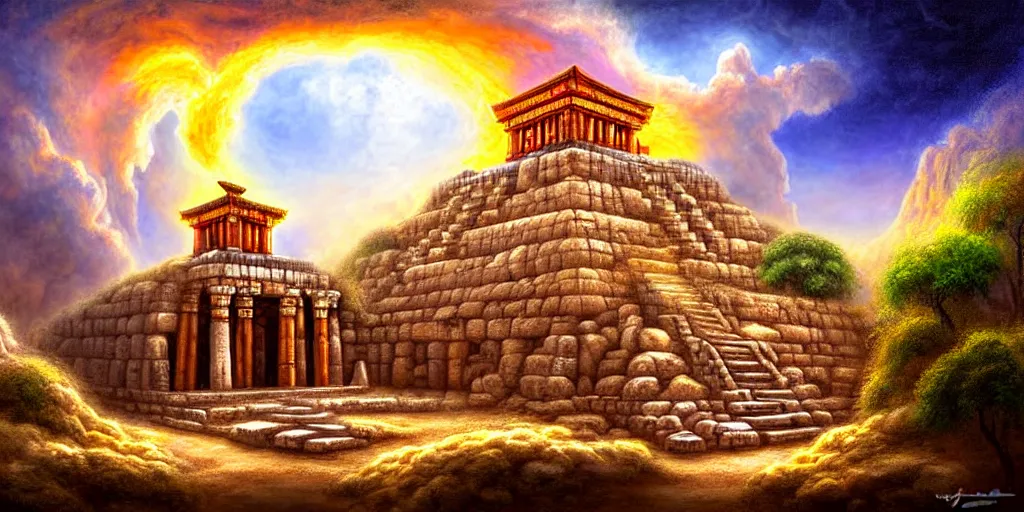 Image similar to illusion painting hidden temple in the clouds : an adorable small fox in the huge ruins of the second temple in jerusalem. a new temple hovers quietly hiding in the dreamy clouds above. a hooded bearded old man in a brown tunic laughing, colorful 8 k, art station, intricate superb details, digital art, illusion painting hidden image.