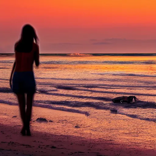 Prompt: beach at night, waves like teeth, blond woman staring from foreground, red tide, meat and blood in water , 4k,