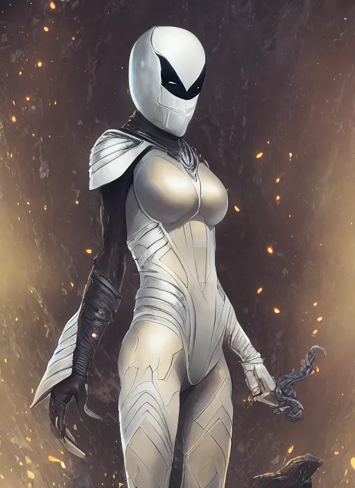 Image similar to female moon knight, hyper detailed, digital art, trending in artstation, cinematic lighting, studio quality, smooth render, unreal engine 5 rendered, octane rendered, art style by klimt and nixeu and ian sprigger and wlop and krenz cushart