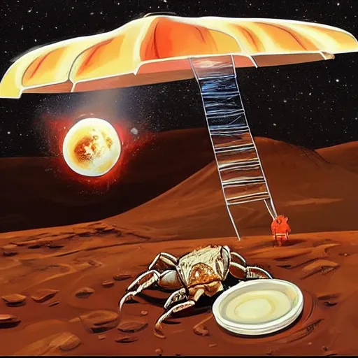 Prompt: “Elon musk eating crabs from a large bucket, on Mars”