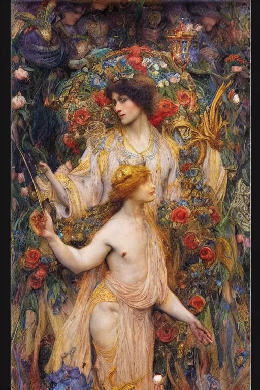 Image similar to coronation of the flower prince, by Annie Swynnerton and Gaston Bussière, embroidered brocade, tattoos, elaborate costume, geometric ornament, symbolist, rich colors, dramatic lighting, smooth, sharp focus, extremely detailed