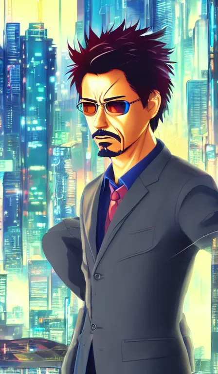 Image similar to anime fine details portrait of Tony Stark in front of cyberpunk moder city landscape on the background deep bokeh, close-up view, anime masterpiece by Studio Ghibli. 8k, sharp high quality anime, artstation