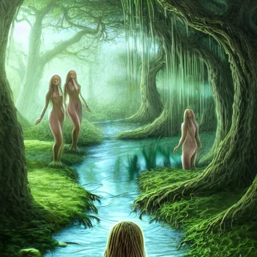 Image similar to beautiful digital fantasy illustration of A woody green field with a stream running through it, with a group of dryad women standing in the water. They seem to be preparing to submerge themselves in the cool, clear waters of the stream. a creepy creature standing in front of a mirror!, concept art by Alex Horley-Orlandelli!!, cgsociety, fantasy art, highly detailed, soft lighting, rendered in octane, masterpiece, very very very aesthetic