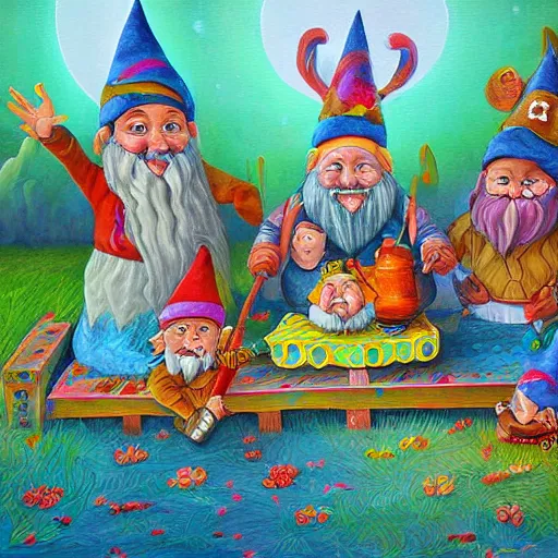 Image similar to gnome party before sunrise, a detailed painting by Meno Mühlig