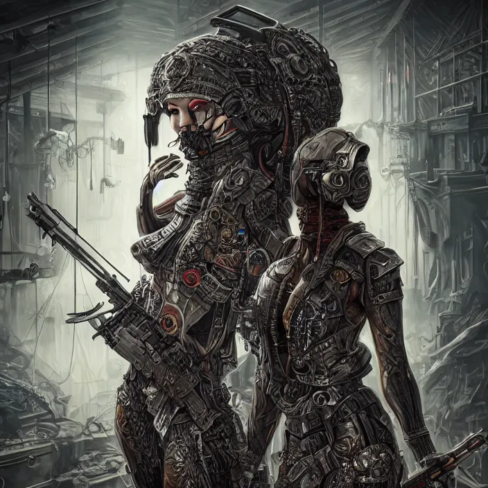 Image similar to apocalyptic woman in hood standing in hall of machinery and weaponry, hyper - detailed, smooth, sharp focus, 4 k ultra hd, fantasy dark art