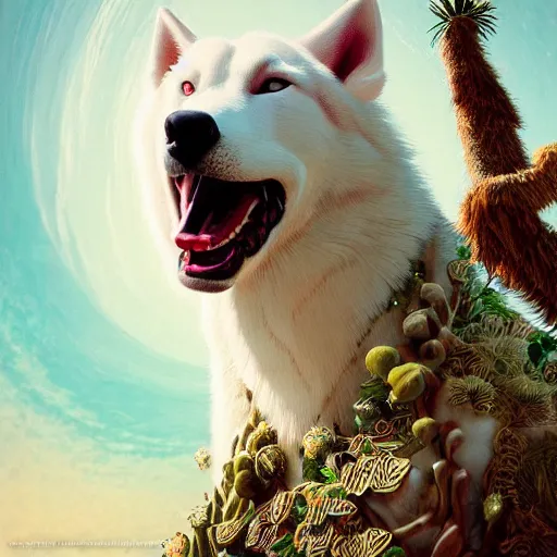 Image similar to white alaskan husky creature in a desert lush oasis, warm tones : : by guillermo del toro, daniel merriam, victo ngai and michal karcz : : ornate, dynamic, particulate, intricate, elegant, highly detailed, centered, artstation, smooth, sharp focus, octane render