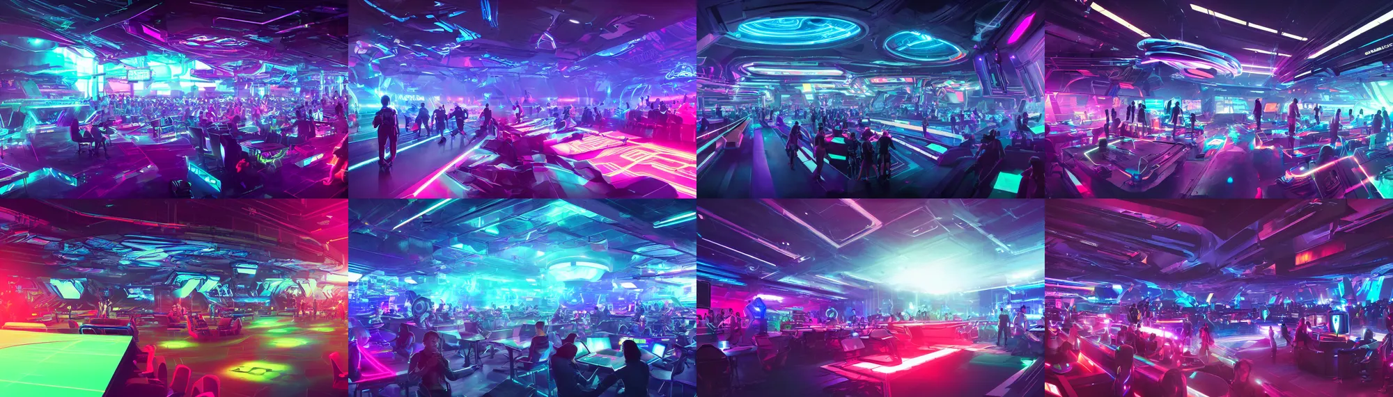 Prompt: cybersport club interior, neon light, big speakers, people in futuristic wear, many led screen, digital art, fantasy, trending on artstation, professional illustration, cgsociety, ultra detailed, volumetric lighting, celshaded, colorful, panoramic