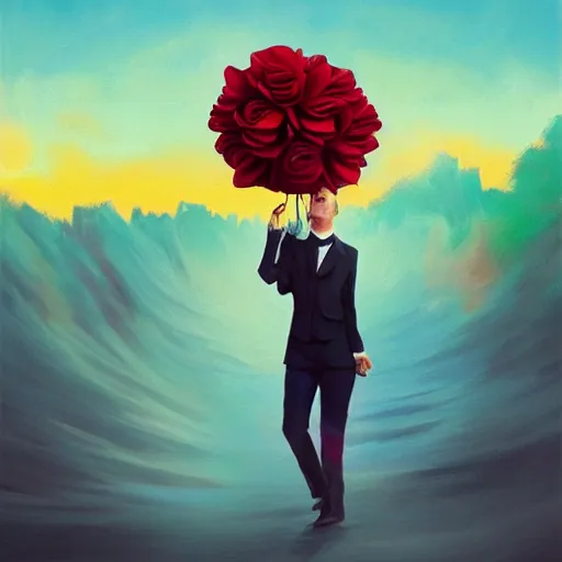 Image similar to portrait, giant rose flower head, girl dancing in a suit, surreal photography, sunrise, blue sky, dramatic light, impressionist painting, digital painting, artstation, simon stalenhag