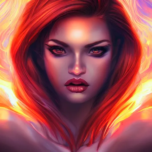 Prompt: Fierce auburn woman portrait, swirling blooms of fire and ice, sunrise, by artgerm, ross tran, photorealism, deviantart