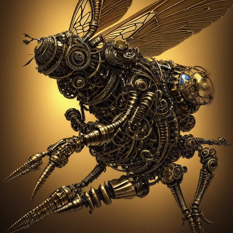 Image similar to steampunk cybernetic biomechanical bee with wings, 3 d model, very coherent symmetrical artwork, unreal engine realistic render, 8 k, micro detail, intricate, elegant, highly detailed, centered, digital painting, artstation, smooth, sharp focus, illustration, artgerm, tomasz alen kopera, wlop