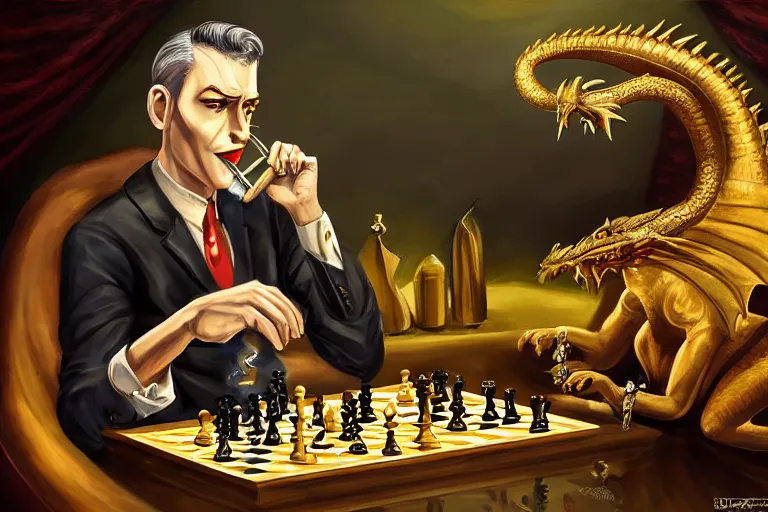 Image similar to oil painting art deco cartoonish fantasy dragon shiny scales golden highlights smoking a cigar sitting at a chess table strategy wearing a handsome suit, trending on artstation, deviantary, furaffinity, line weight