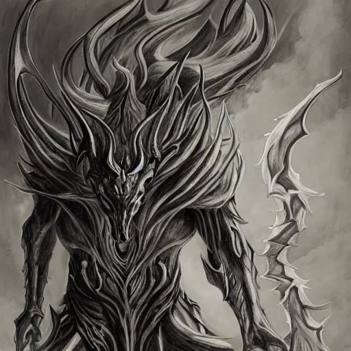 Image similar to full body grayscale drawing by Anato Finnstark of horned demon in 3/4 view, swirling flames