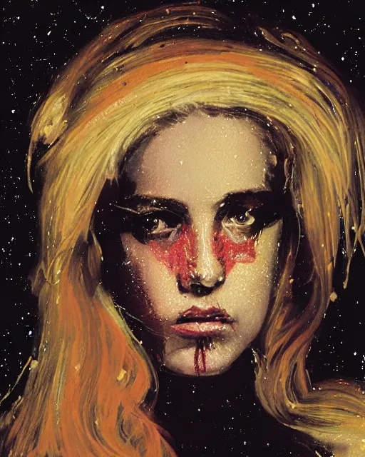 Prompt: a baroque painting of a gorgeous young woman in dead space, with wild blonde hair and haunted eyes, 1 9 7 0 s, space station, neon light showing injuries, delicate ex embellishments, painterly, offset printing technique