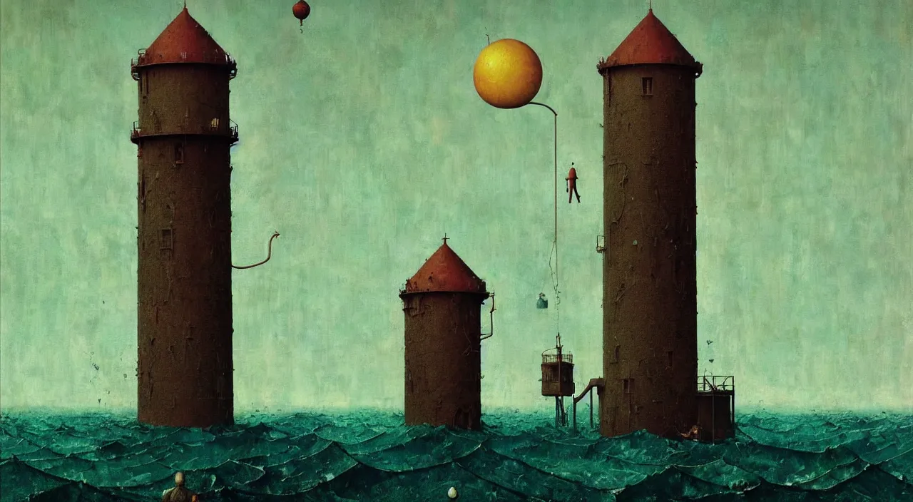 Image similar to single flooded simple!! ( lovecraftian ) water tower anatomy, very coherent and colorful high contrast masterpiece by norman rockwell franz sedlacek hieronymus bosch dean ellis simon stalenhag rene magritte gediminas pranckevicius, dark shadows, sunny day, hard lighting