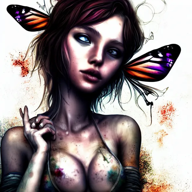 Prompt: full body pose, beautiful adult butterfly fairy, dirty, grungy, grunge, highly detailed, 4 k, hdr, smooth, sharp focus, high resolution, award - winning photo, artgerm, photorealistic