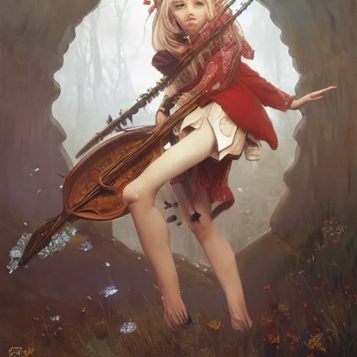 Prompt: elf fairy bard with a lute, art supplies in bag, wearing a cardigan, blonde, highly detailed, intricate, digital painting, artstation, sharp focus, illustration, art by jakub rozalski, greg rutkowski, artgerm, tan zi and ayanamikodon and alphonse mucha and wlop