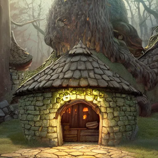 Image similar to Shrek's Ogre House, cinematic lighting, intricate, elegant, highly detailed, digital painting, artstation, smooth, sharp focus, illustration, art