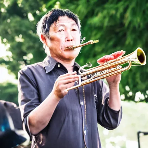 Image similar to middle aged japanese man playing the trumpet in a ska band