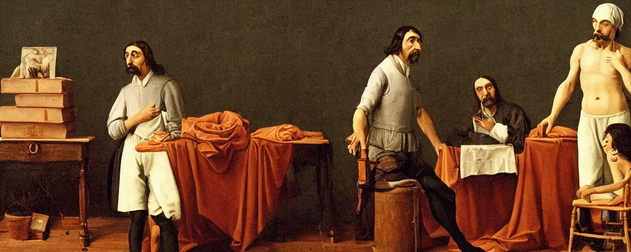 Prompt: rene descartes discussing philosophy with spaghetti, 1 5 0 0 s, kodachrome, in the style of wes anderson, retro