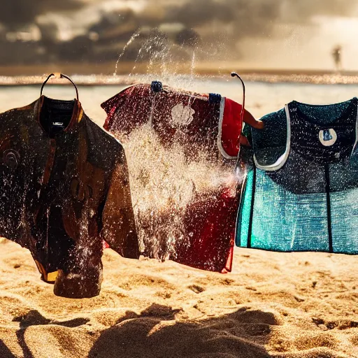 Image similar to a closeup photorealistic photograph of wet clothes drying on the beach, fantastic four theme. bright scene. fine detail. this 4 k hd image is trending on artstation, featured on behance, well - rendered, extra crisp, features intricate detail, epic composition and the style of unreal engine.