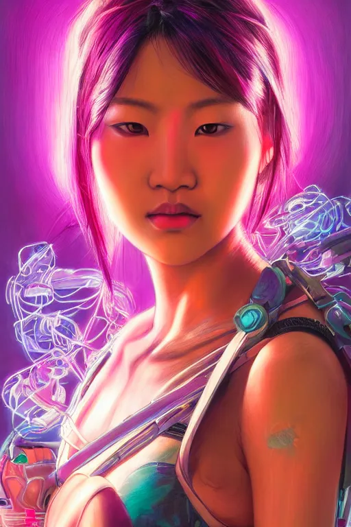 Image similar to stunning highly detailed portrait of a beautiful asian female cyberpunk, soft lighting, pastel neon colors, oil on canvas, strong lighting, by Glenn Fabry, HD, 4K