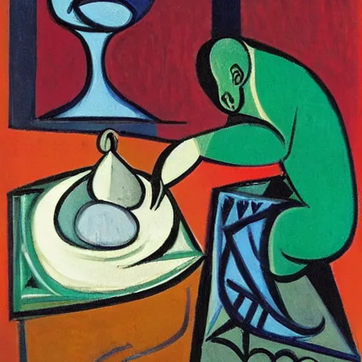 Prompt: Pensive Wizard Examining Eggs, by Pablo Picasso.