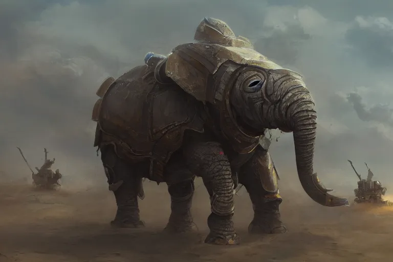 Prompt: an armored battle elephant, sci-fi art, oil painting, trending on artstation, 4k, high quality