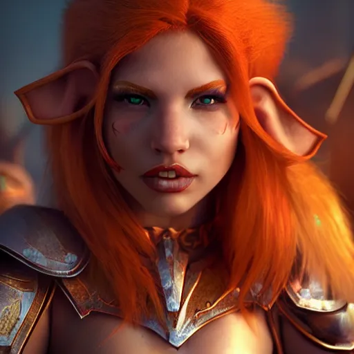 Image similar to beautiful redhead elf, warrior outfit, clash royal style characters, unreal engine 5, octane render, detailed, cinematografic, cinema 4 d