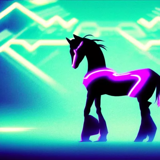 Prompt: !dream A synthwave horse inspired by Tron. Trending on Artstation. Digital screenshot. Faded film grain. 1980s Computer Graphics.