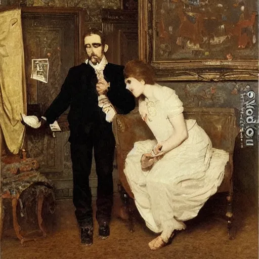 Image similar to man and woman solving an escape room riddle by alfred stevens