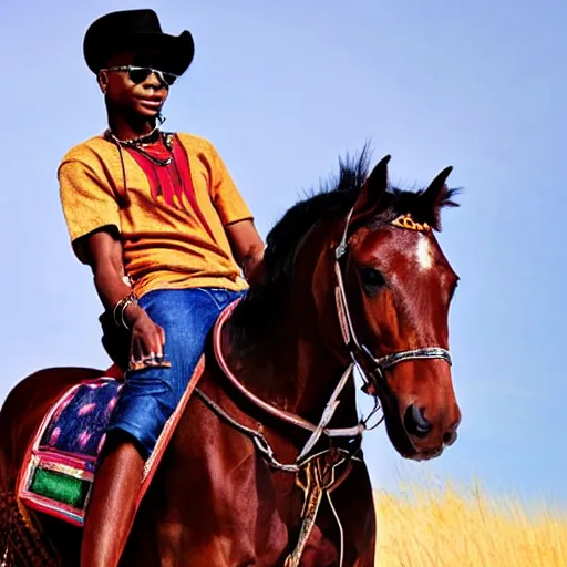 Image similar to wizkid riding a horse.