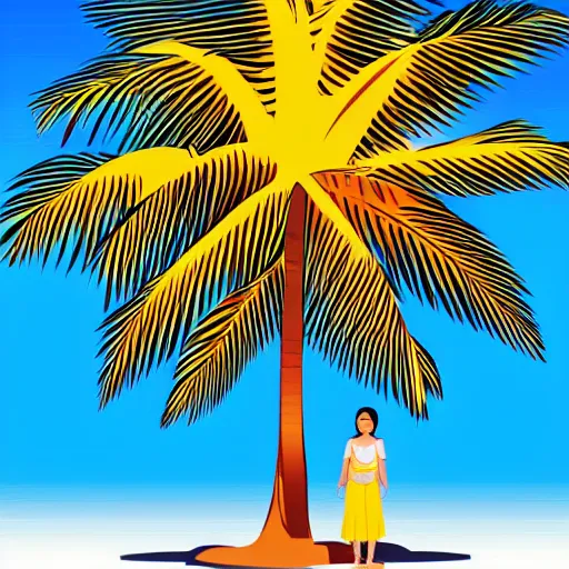 Image similar to stylized vector graphic of a philippines jeepney, palm tree, philippines sun and filipino girl wearing traditional clothes, white background, trending on artstation